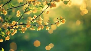 Sunlit blooms on a branch glow with a soft, inviting ambiance. The scene evokes feelings of calm and natural beauty in spring. photo
