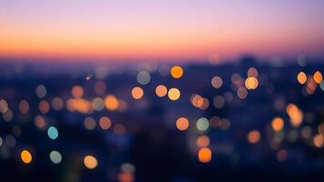 Abstract bokeh lights at dusk create a soft, dreamy cityscape. Warm and cool hues blend for a serene, out-of-focus urban glow. photo
