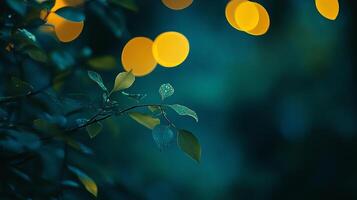 Soft nature photography of delicate leaves and bokeh lights creating a magical feel with a teal and yellow color palette. photo