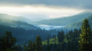 A serene landscape unfolds with misty mountains and a verdant forest, painted with soft light, creating a peaceful and tranquil scene. photo