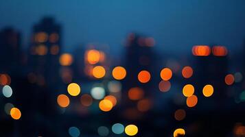 Blurred cityscape at night with glowing lights. Background is a soft blue. The circles of light are yellow, orange, and white. photo