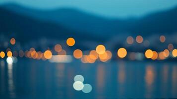 Abstract blurred lights over water, creating a serene and dreamy atmosphere with soft bokeh effects. A distant cityscape glows faintly. photo