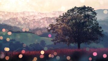 A picturesque landscape of rolling hills, a solitary tree, and ethereal bokeh lights create a serene, dreamlike atmosphere, bathed in soft light. photo