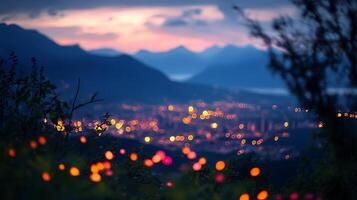 City lights illuminate the night, creating a beautiful bokeh effect against a backdrop of mountains during the warm hues of twilight. photo
