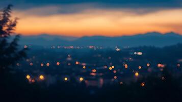 A tranquil, blurred cityscape under a sunset sky, with twinkling lights creating a bokeh effect, evokes peace and quiet nights in the city. photo