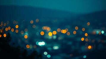 Abstract image with out-of-focus city lights at night, creating a dreamy, bokeh-filled urban atmosphere. The dark blue, orange, and green tones. photo