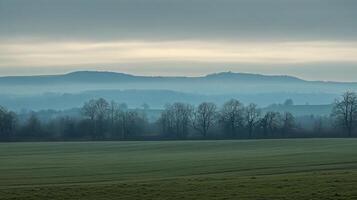 A misty landscape with fields and trees on a cloudy day, creating a serene and atmospheric scene in the countryside. photo