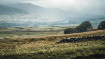 Misty mountains backdrop a peaceful landscape. Fields and stone walls create a scenic rural view. Nature and tranquility blend together. photo