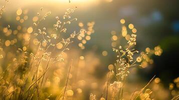 Golden hour illuminates delicate seed heads in a field, creating a warm, ethereal glow. The bokeh effect adds to the magical ambience. photo