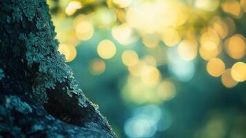 Textured tree bark with a blurred background of light points creates a dreamy nature scene, capturing the beauty in nature's elements. photo
