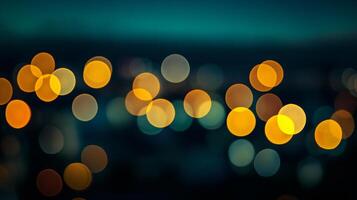 Abstract bokeh lights in warm tones create a magical, festive atmosphere. Dark background enhances light contrast. Perfect for backgrounds. photo