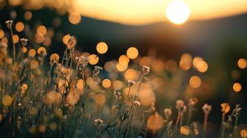 Golden hour sunlight filters through a field of wildflowers, creating a bokeh effect of soft, diffused light. photo