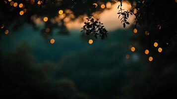 Twinkling lights nestled in dark foliage create a magical, festive atmosphere. A serene and enchanting scene under a dusky sky. photo