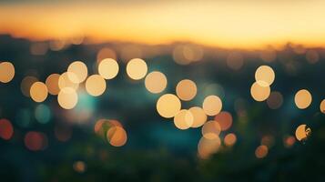 Blurred city lights at dusk create a dreamy bokeh effect, showcasing the beauty of urban illumination and peaceful atmosphere at night. photo