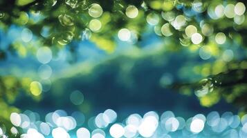 Abstract nature scene featuring blurred lights and greenery, creating a dreamy, ethereal atmosphere with a focus on soft bokeh effects. photo