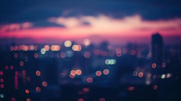 Dreamy urban sunset with blurred lights creating a magical bokeh over a city skyline, bathed in twilight colors. photo