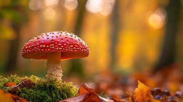 A vibrant red mushroom with white spots stands out against a backdrop of autumn colors, creating a striking contrast in the forest. photo