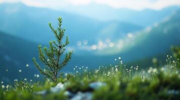 Solitary tree sapling standing tall against a backdrop of serene mountain views and a meadow of wildflowers under a clear blue sky. photo