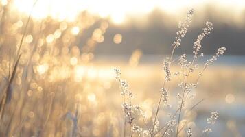 Sunlit meadow with slender plants in the foreground, soft golden bokeh background, creating a dreamy, serene atmosphere. photo