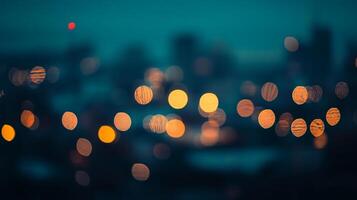Blurred lights paint an abstract cityscape. A cool, moody atmosphere, with the bokeh effect creating soft, glowing orbs against the twilight. photo