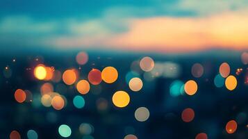 Abstract night city lights glimmer in an array of soft bokeh. Urban landscape fades in the ethereal twilight atmosphere. Serene background photo