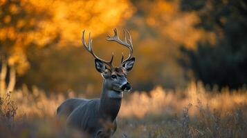 Majestic buck with prominent antlers stands tall in a field bathed in golden light, creating a serene autumn scene in nature. photo