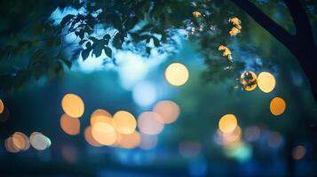 Dreamy bokeh lights dance beneath the trees, casting a soft glow on a tranquil night. Ethereal ambiance. Unveiling the mystery of twilight. photo
