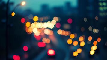 Blurred city lights at night create a dreamy atmosphere. The bokeh effect transforms street lights and traffic into luminous orbs. photo
