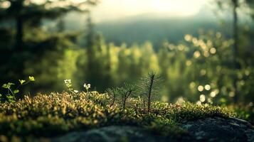 Lush forest floor with tiny trees and wildflowers, bathed in sunlight. A peaceful and serene scene with nature's beauty on display. photo