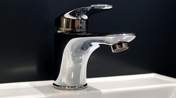 A modern bathroom sink with a chrome faucet photo