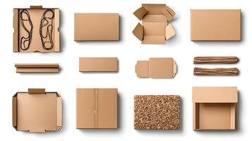 Various cardboard boxes and packaging materials on a white background photo