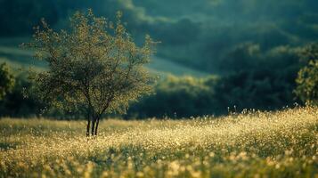 Idyllic landscape with a tree standing in a field of wildflowers, bathed in warm sunlight. Peaceful nature scene. photo