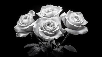 Three white roses are shown in black and white photo