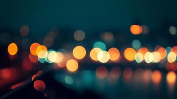 Blurred city lights at night create a bokeh effect, with circles of orange, yellow, and teal against a dark background. Warm and serene. photo
