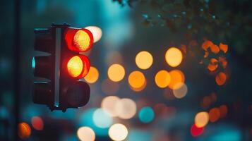 Glowing red traffic light at night with blurred, colorful city lights in the background creating a bokeh effect. photo