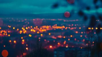 City lights at twilight create a mesmerizing bokeh effect, casting a warm glow against the dark blue sky. Urban magic unfolds. photo
