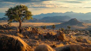 A lone tree stands silhouetted against a vast desert landscape. A rugged terrain with distant mountains under a soft, golden sunset glow. photo