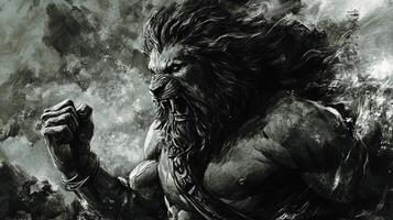 Fierce lion-man hybrid, rendered in striking monochrome art style. Roaring with power, showing muscle, rage, and an aura of invincibility photo