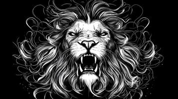 An imposing lion's face, depicted in black and white with intricate line work, conveys power and intensity against a stark black backdrop. photo