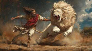 An artistic rendition of a confrontation between a heroic figure in red cloth and a roaring white lion in a dynamic, dust-filled landscape. photo