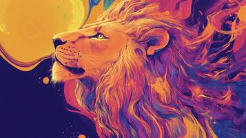 A colorful and stylized digital artwork of a majestic lion with an orange mane and a golden eye against a dark background with yellow accents. photo