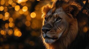 A majestic lion gazes intently, its golden mane illuminated by a soft, warm light, showcasing its regal strength and fierce beauty. photo