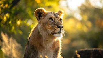 Lioness portrait with a golden backlight showcasing her majestic profile against a bokeh background of a leafy habitat. photo
