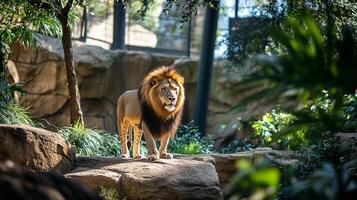 Majestic lion with a rich mane stands tall on a rocky outcrop, exuding regal presence against a backdrop of lush foliage and rock formations. photo