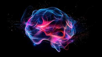 A mesmerizing digital art piece featuring an abstract brain-like formation, swirling with vibrant blue and pink hues on a black background. photo