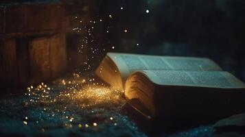 Two open books rest in a dimly lit setting, surrounded by glittering particles, creating an enchanting atmosphere. A scene of knowledge and magic. photo