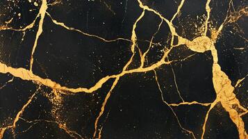 Striking contrast of golden fissures against a dark background, creating an eye-catching abstract pattern. Decorative art element. photo