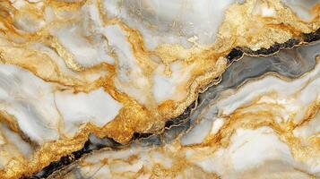 Luxurious marble texture with flowing veins of gold, grey, and white creating an elegant, sophisticated, and visually appealing surface. photo
