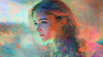 Artistic portrayal of a woman with a colorful and dreamy quality, rendered in digital painting style that blends reality and abstraction. photo
