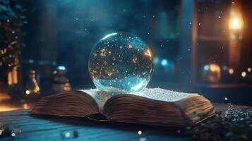 Mystical sphere atop an ancient tome, radiating light. Evokes magic and wonder. Fantasy theme with a spiritual connection. photo